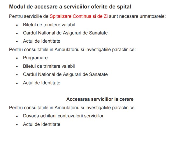 Modul de accesare a serviciilor oferite de spital